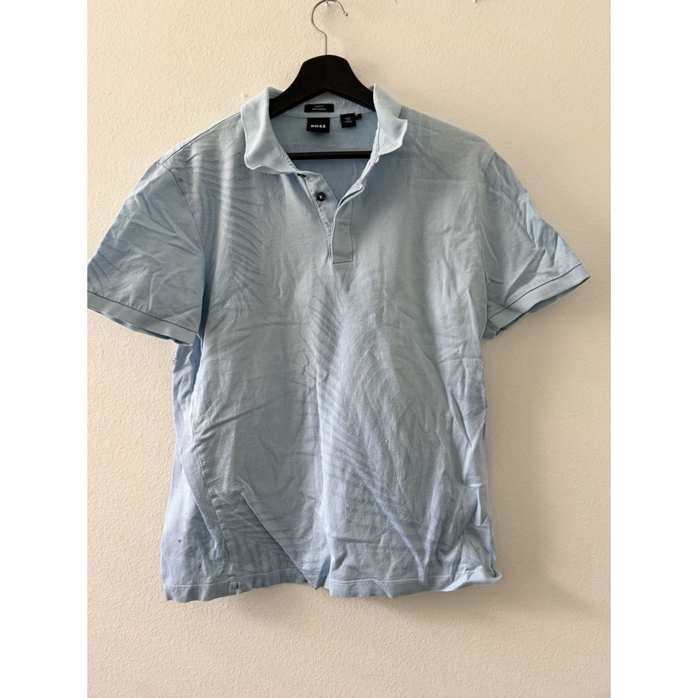 BOSS Hugo Boss Slim Fit Polo Shirt Men Size L Blue Tropical Leaf
